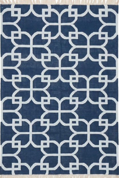 Nautical Navy Trellis Hand-Woven Petal Lattice Dhurrie
