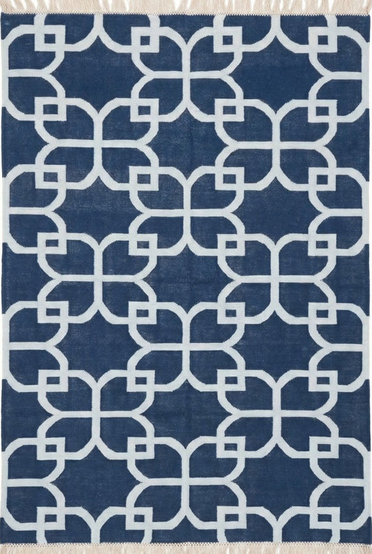 Nautical Navy Trellis Hand-Woven Petal Lattice Dhurrie