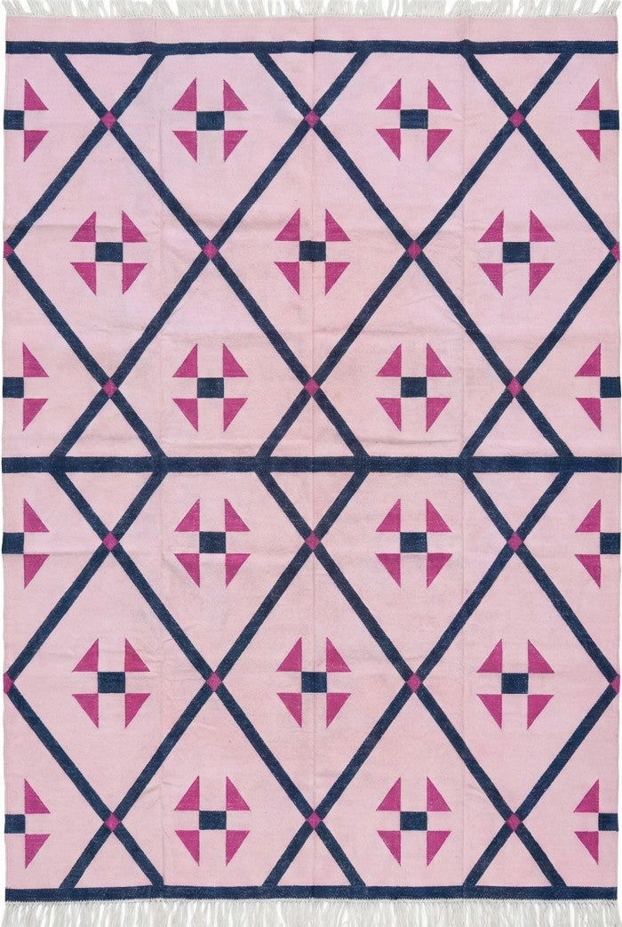 Blush Pink Geometric Navy Diamond Dhurrie rug