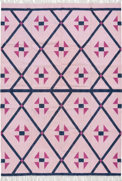 Blush Pink Geometric Navy Diamond Dhurrie rug