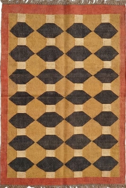 Earth-Tone Hexa-Diamond Handwoven Wool & Jute Kilim Rug