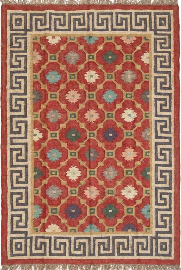 Hellenic Crimson Medallion Red Greek Key Border Kilim rug