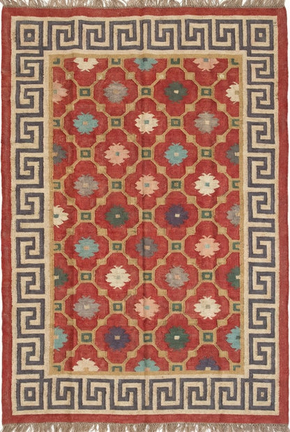 Hellenic Crimson Medallion Red Greek Key Border Kilim rug