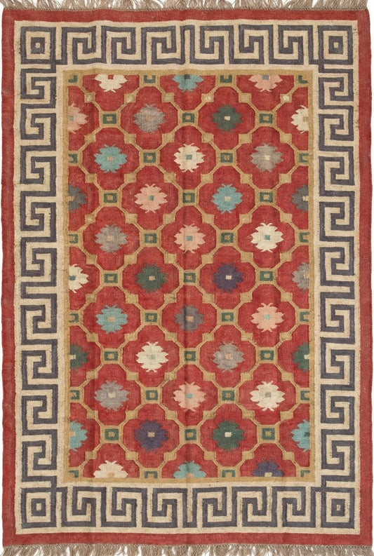 Hellenic Crimson Medallion Red Greek Key Border Kilim rug