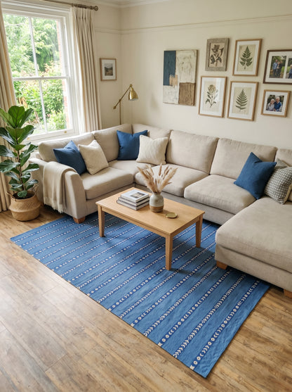 Bright Blue Vertical Stripe Cotton Flatweave Rug