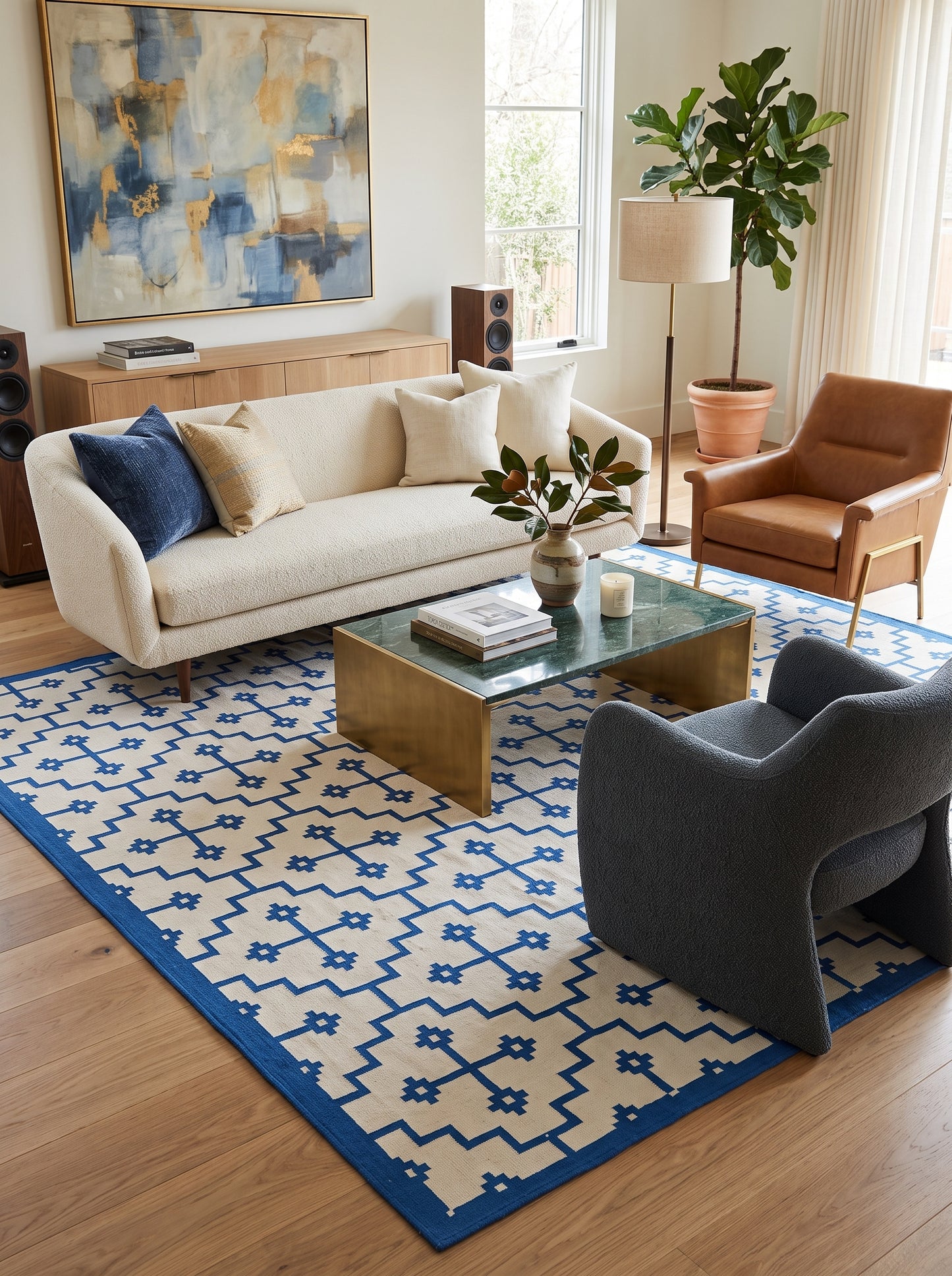 Blue Ivory Geometric Cross Cotton Flatweave Rug
