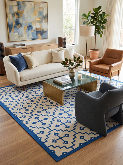 Blue Ivory Geometric Cross Cotton Flatweave Rug