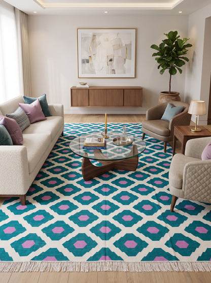 Teal Magenta Geometric Diamond Cotton Flatweave Rug