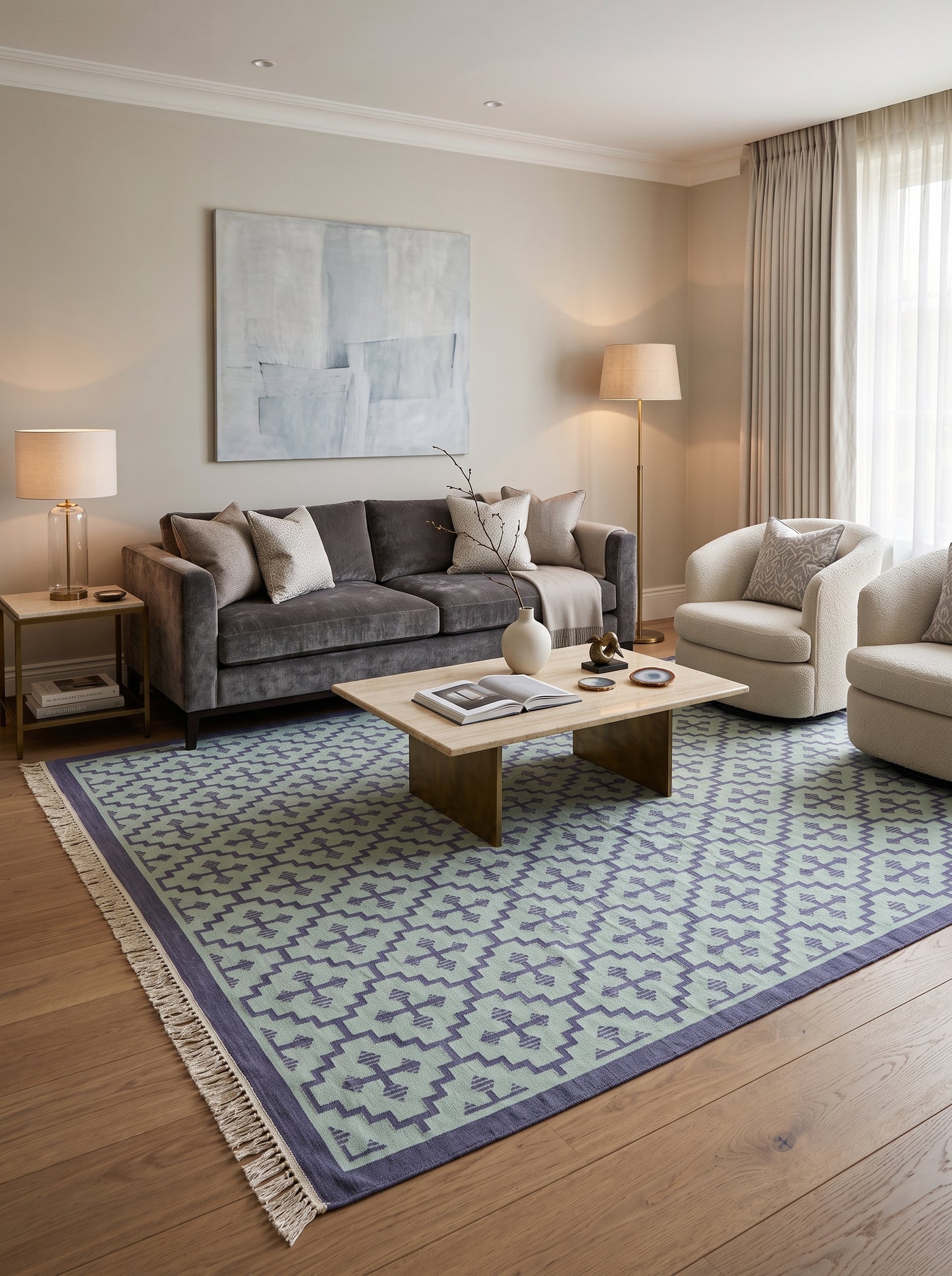 Blue Ivory Geometric Cross Diamond Cotton Flatweave Rug