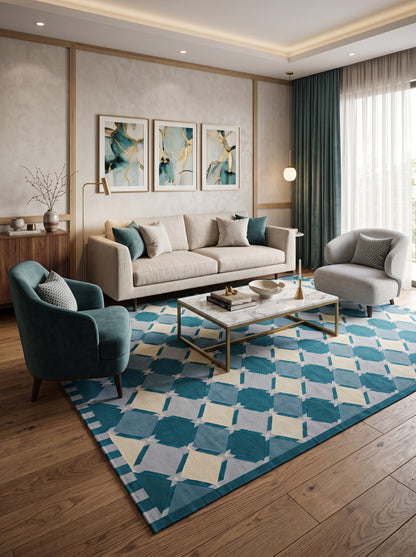 Geometric Diamond Lattice in Teal, Blue & Ivory Rug