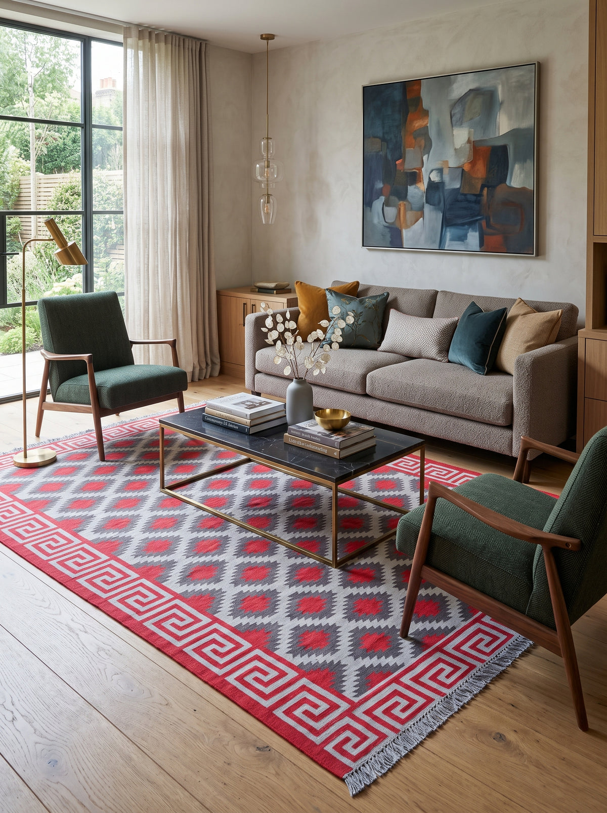 Modern Rustic Cabin Dhurrie with Meander Border rug