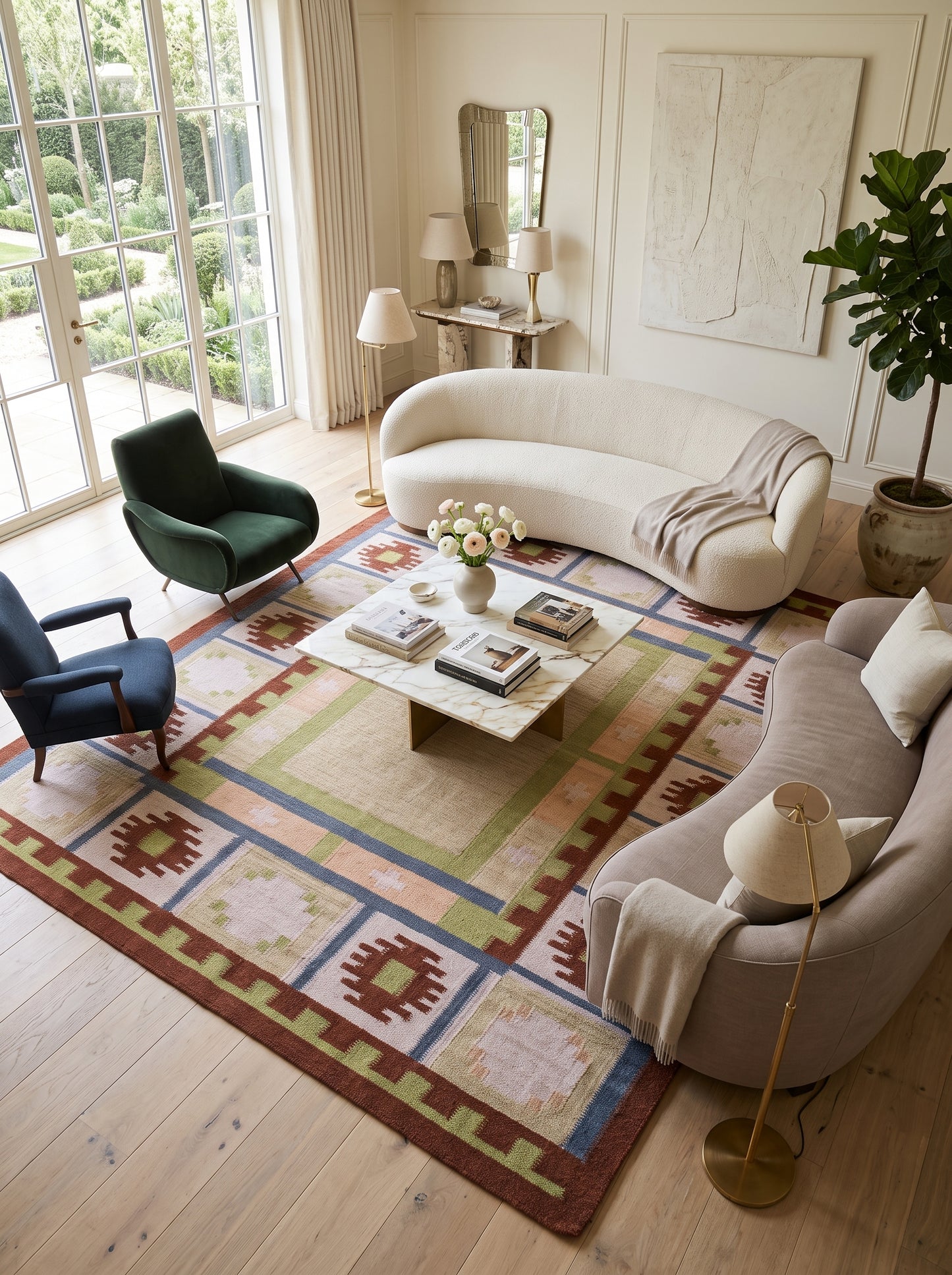 Nordic Pastel Border Wool Cotton Dhurrie Rug