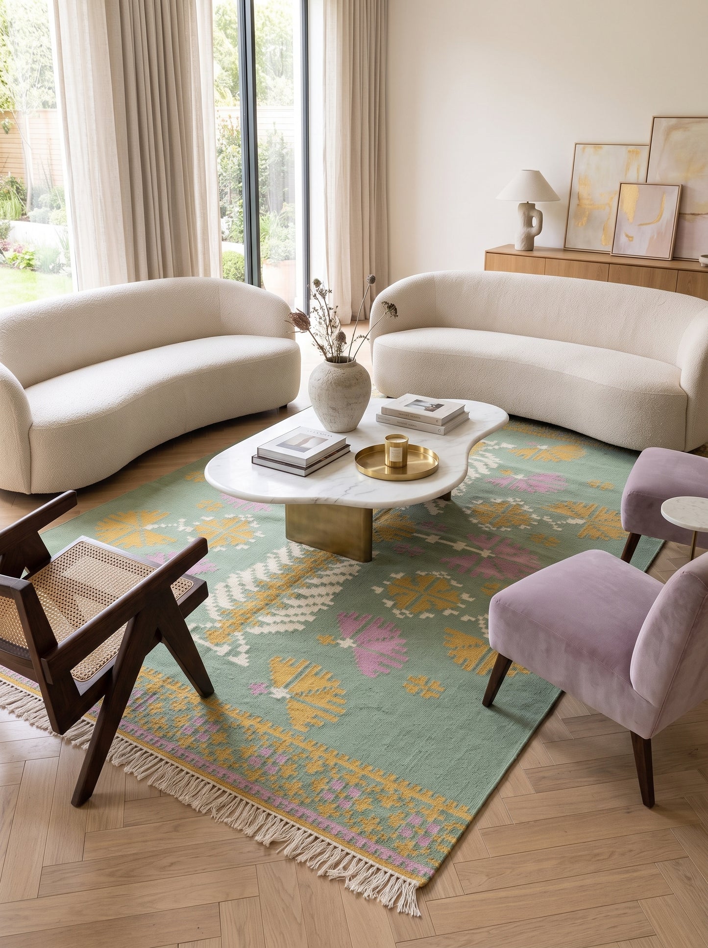Pastel Bloom Mandala Floral Medallion Dhurrie Rug