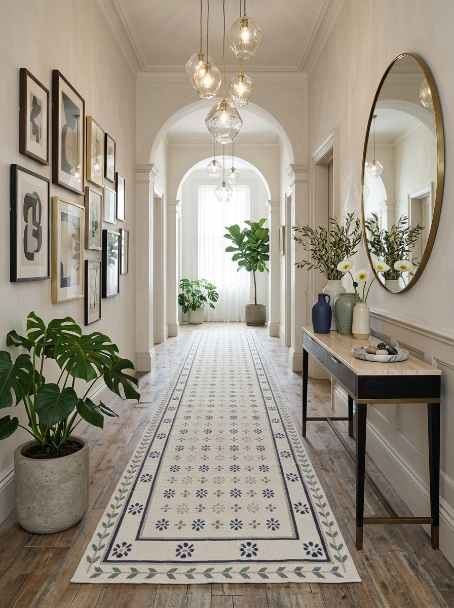 Nordic Navy Rosette Heritage Elegant Chevron Vine Border Flatweave rug