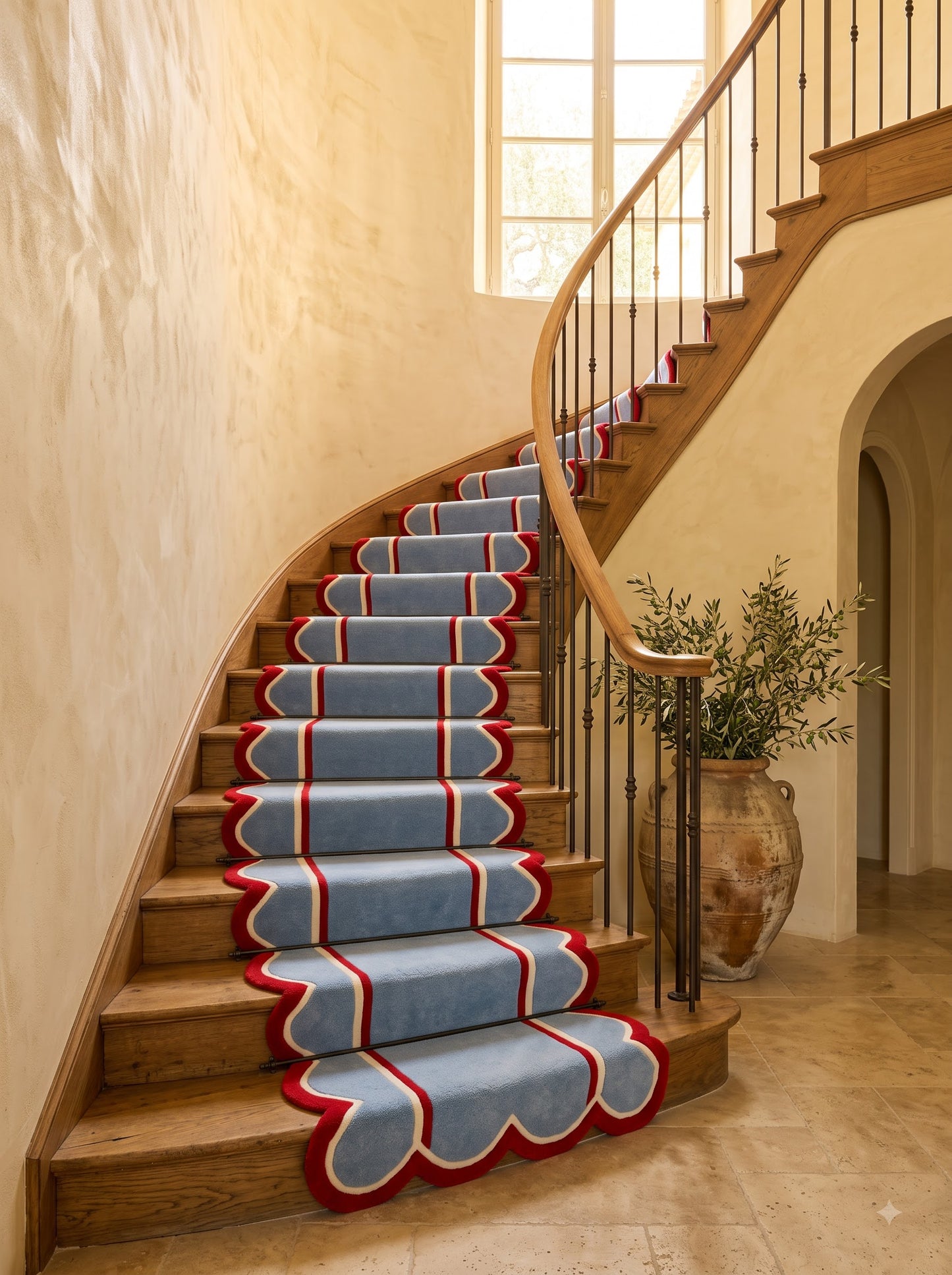Scalloped Geometric Floral Stair Runner, Handcrafted Tufted Runner