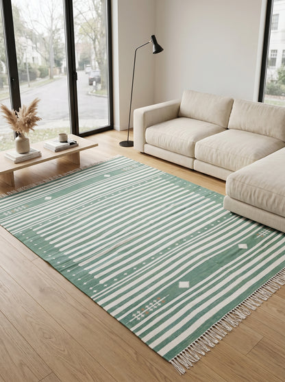Teal Green & Ivory Horizontal Stripe Area Rug