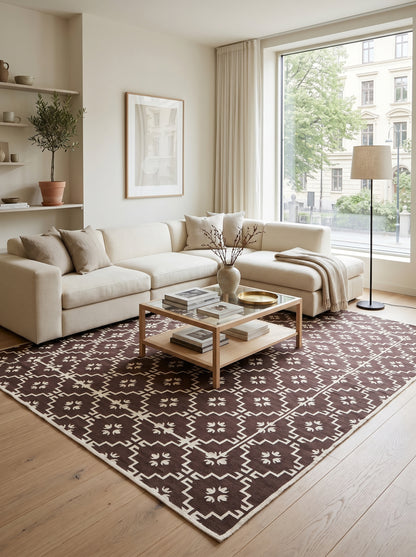 Espresso Dark Brown Geometric Area Rug, Minimalist Floral Diamond Dhurrie Rug