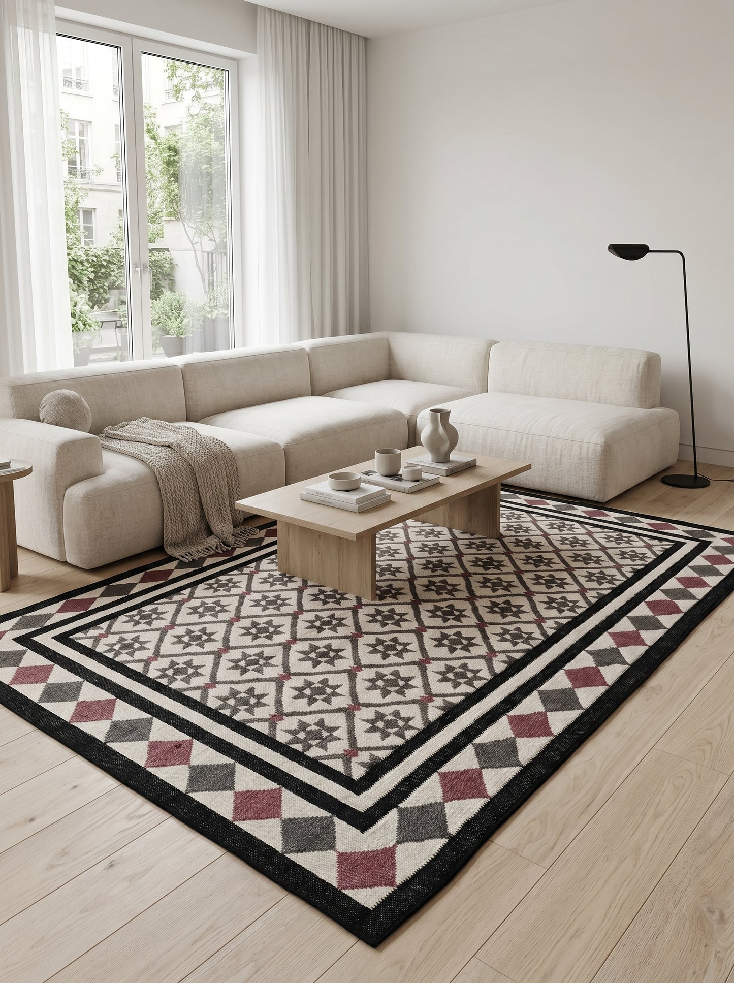 Midnight Star Lattice Charcoal Grey and Mauve Cotton Wool Dhurrie Rug