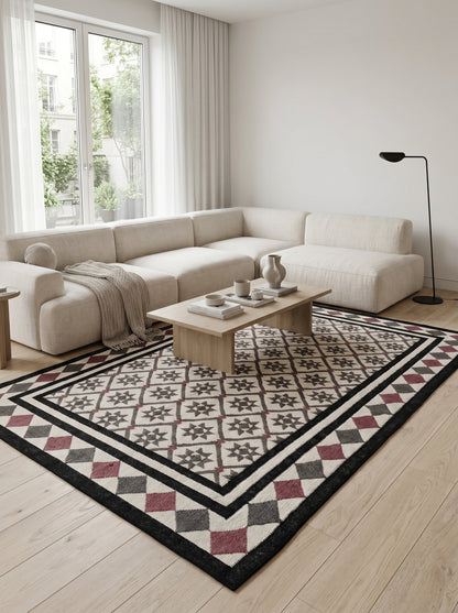 Midnight Star Lattice Charcoal Grey and Mauve Cotton Wool Dhurrie Rug