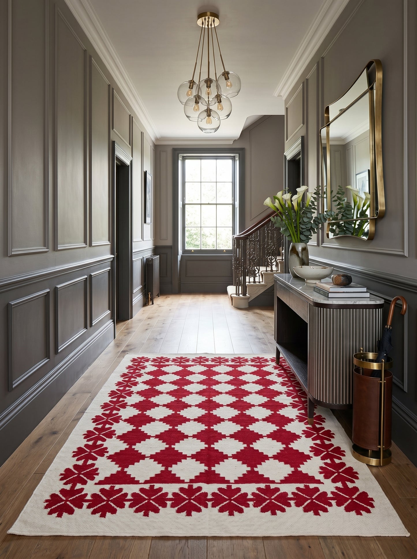Traditional Ruby Red & Cream Wool Cotton Dhurrie Rug