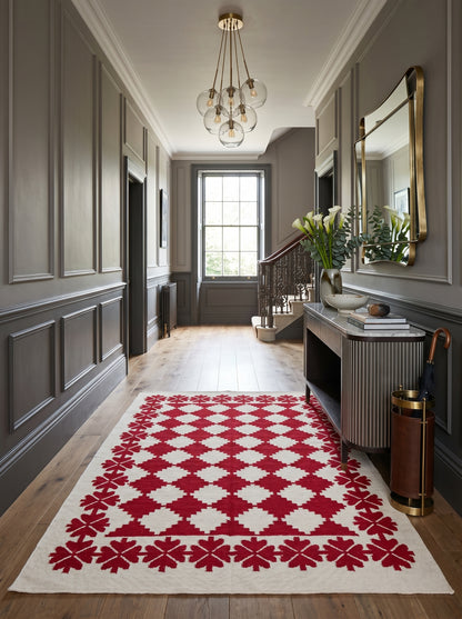 Traditional Ruby Red & Cream Wool Cotton Dhurrie Rug