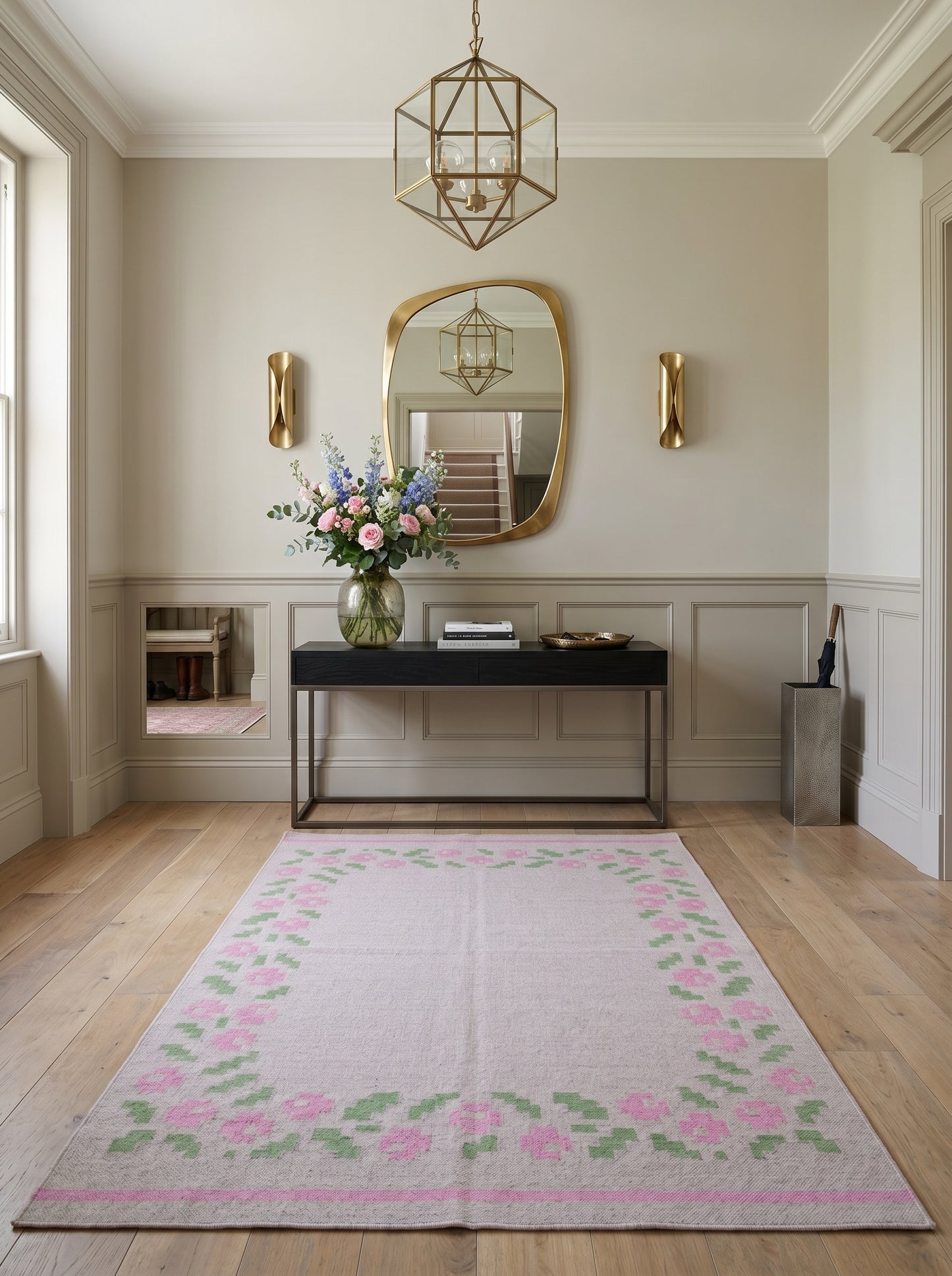 Pastel Rose Garland Aesthetic Pink & Sage Green Wool Cotton Dhurrie Rug