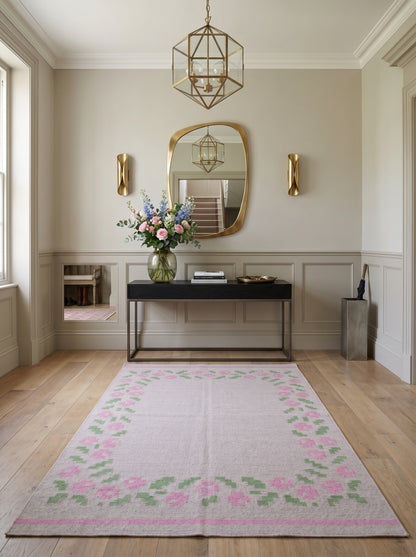 Pastel Rose Garland Aesthetic Pink & Sage Green Wool Cotton Dhurrie Rug