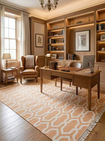 Camel Beige Geometric Area Rug, Modern Interlocking Trellis Dhurrie