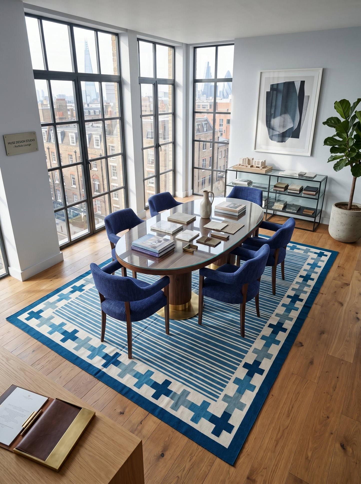 Handwoven Blue Stripe Cotton Rug Geometric Border Dhurrie Rug