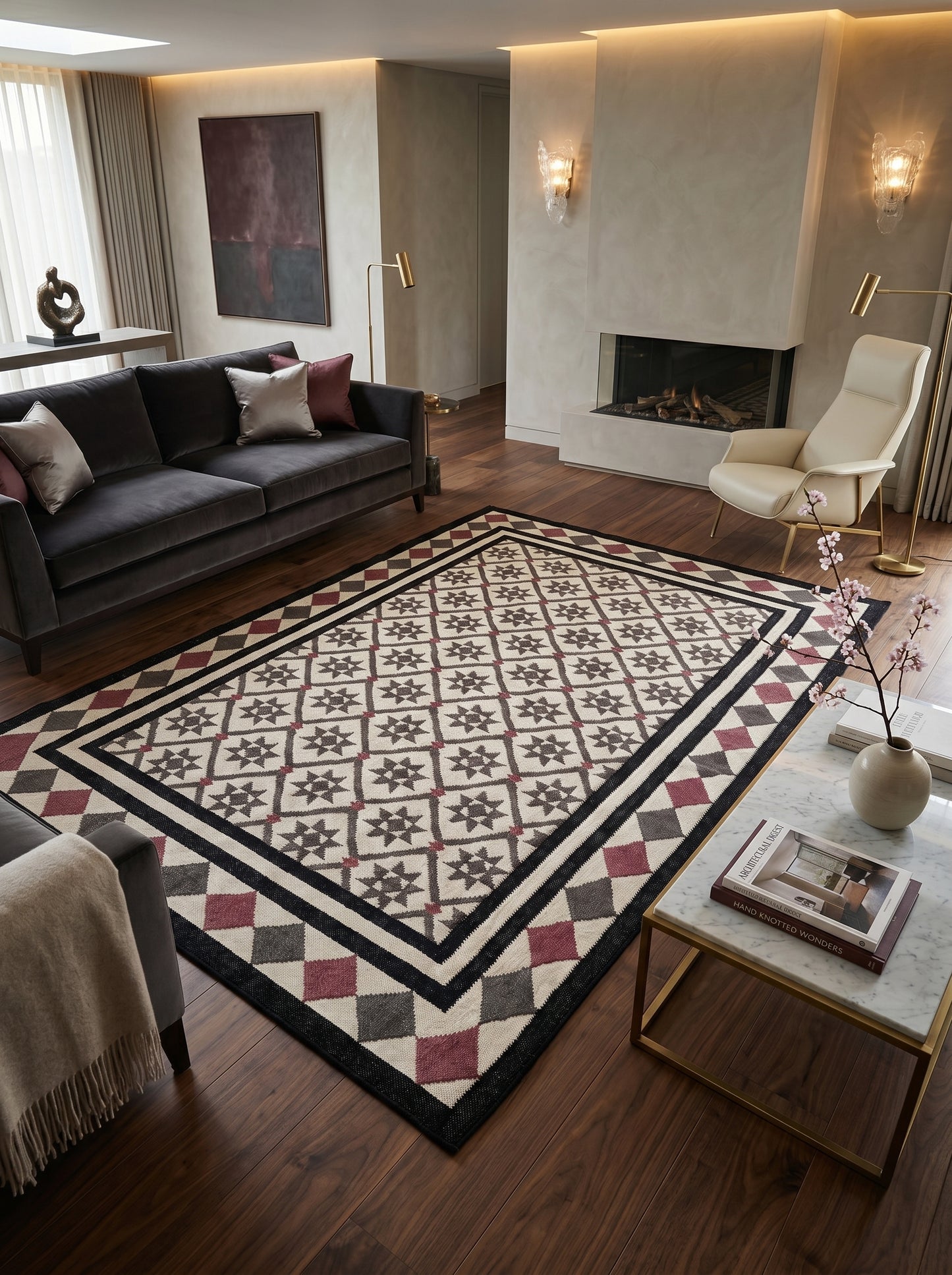 Midnight Star Lattice Charcoal Grey and Mauve Cotton Wool Dhurrie Rug