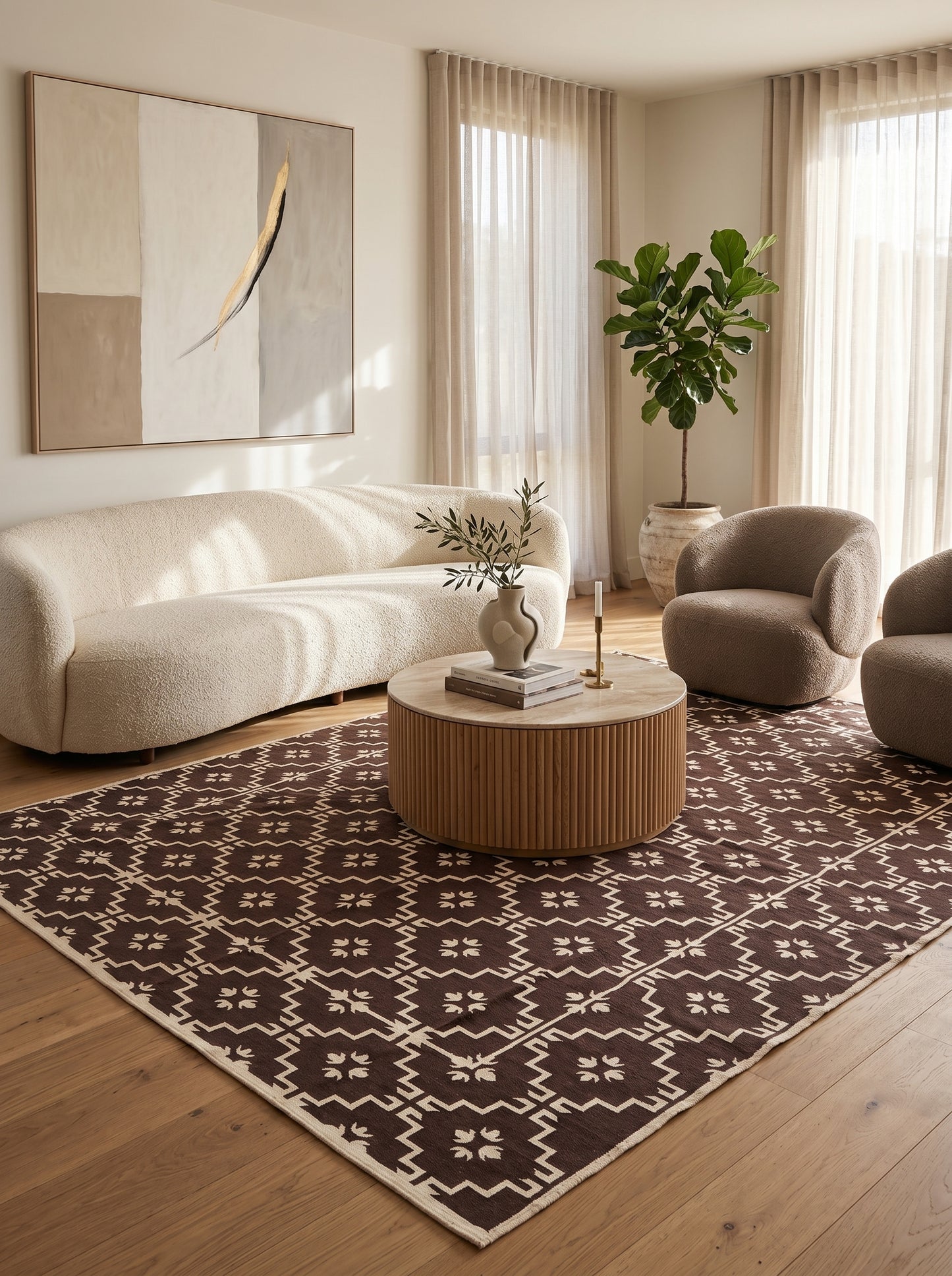 Espresso Dark Brown Geometric Area Rug, Minimalist Floral Diamond Dhurrie Rug