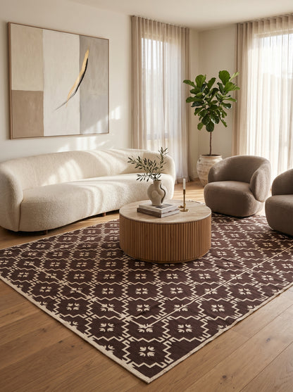 Espresso Dark Brown Geometric Area Rug, Minimalist Floral Diamond Dhurrie Rug