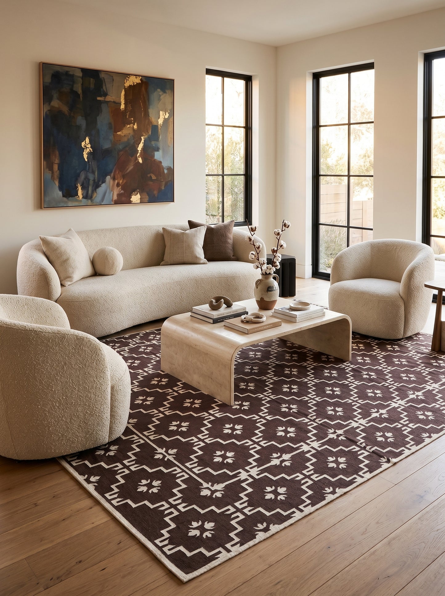 Espresso Dark Brown Geometric Area Rug, Minimalist Floral Diamond Dhurrie Rug