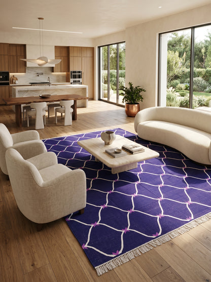 Cobalt Trellis Handwoven Cotton Flatweave Dhurrie Rug