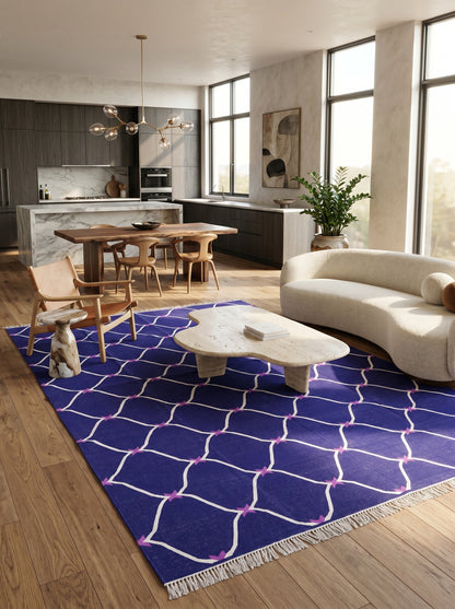 Cobalt Trellis Handwoven Cotton Flatweave Dhurrie Rug