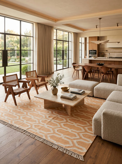 Camel Beige Geometric Area Rug, Modern Interlocking Trellis Dhurrie