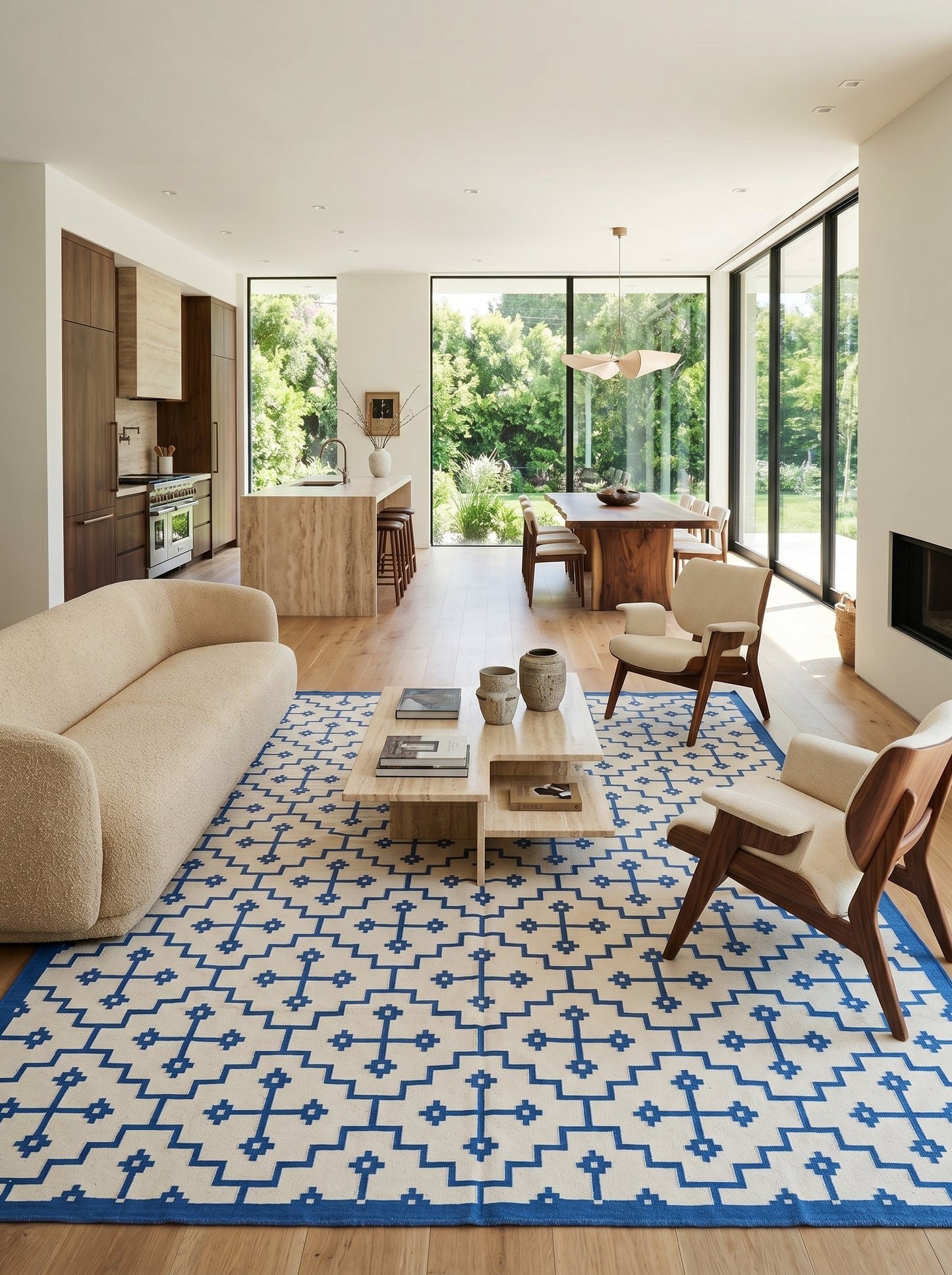 Royal Blue & Ivory Geometric Area Rug, Southwestern Diamond Cross  Dhurrie