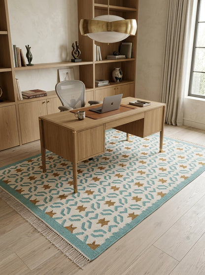 Teal Sunburst Trellis Aqua Mint Green, Ochre & Cream Cotton Wool Dhurrie