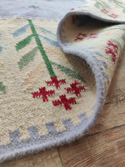Cream White Floral Pattern Wool Flatweave Handmade Area Rug for Living, Bedroom and Dining Room