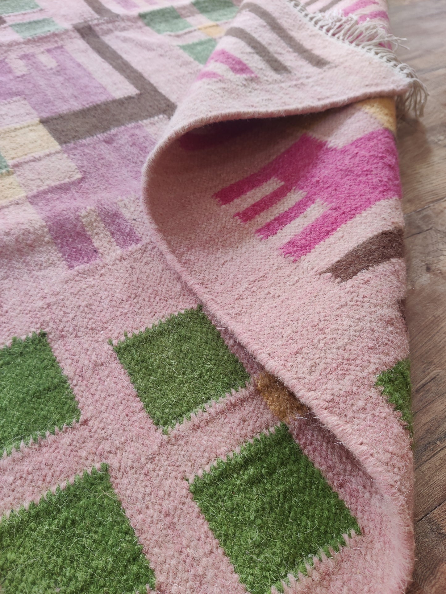 Blush Pink Floral Grid Wool Area Rug