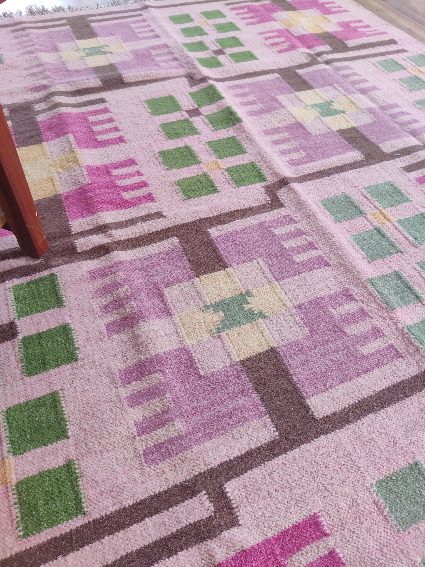 Blush Pink Floral Grid Wool Area Rug
