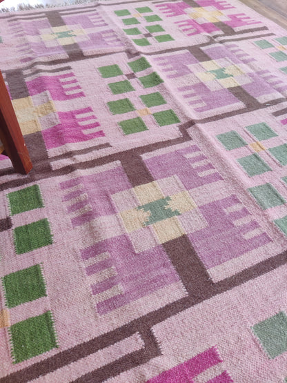 Blush Pink Floral Grid Wool Area Rug