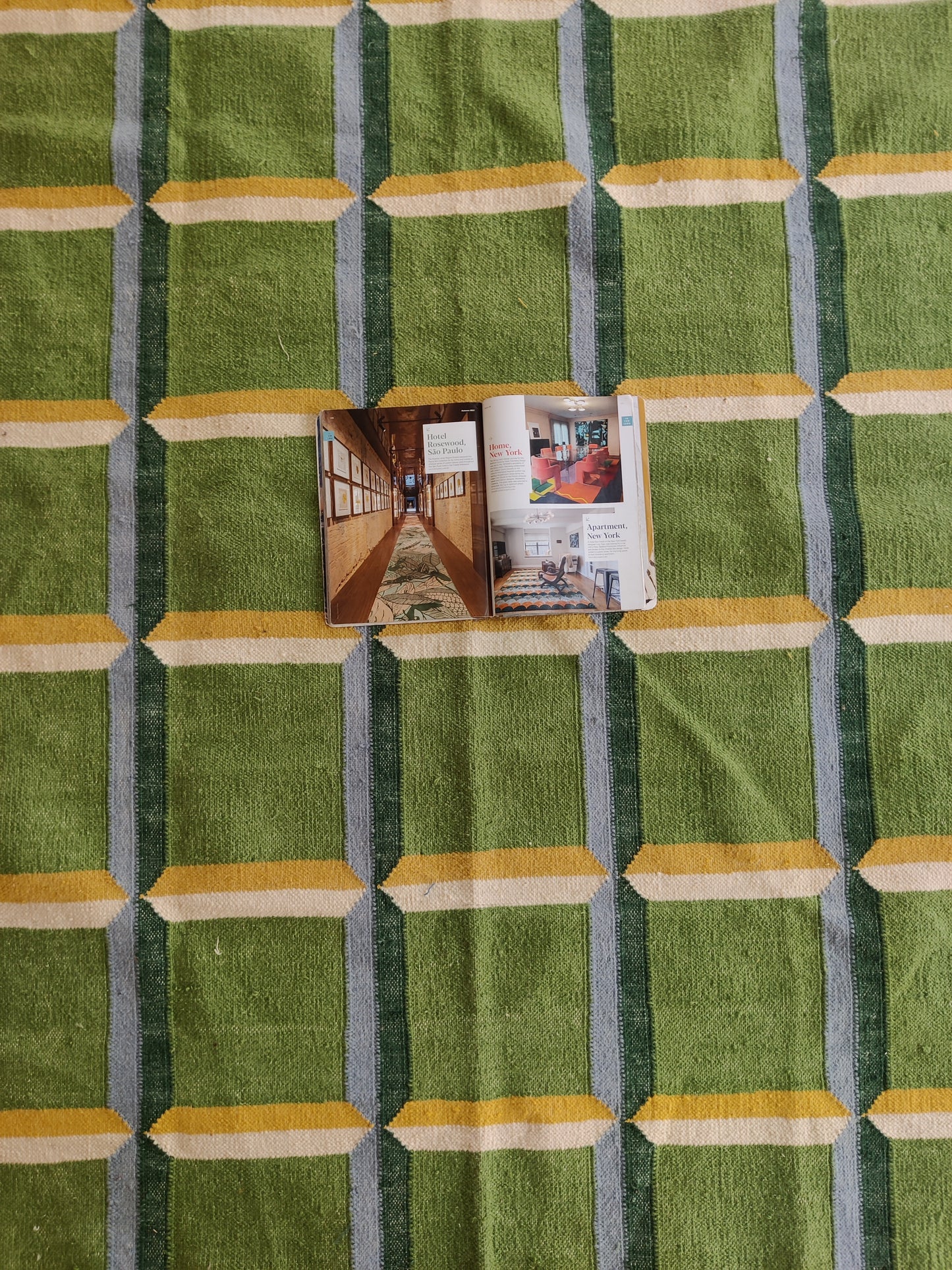 Green Panel Geometric  Wool Area Rug