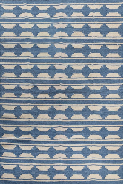 Geometric Blue Handwoven Modern Flatweave Area Rug For Dining and Living Room