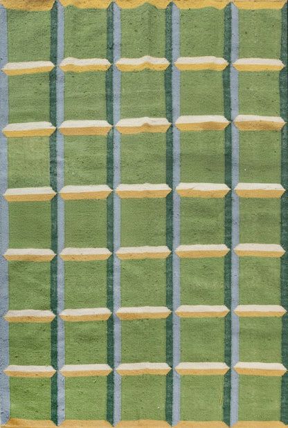 Green Panel Geometric  Wool Area Rug