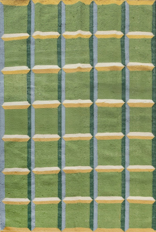 Green Panel Geometric  Wool Area Rug