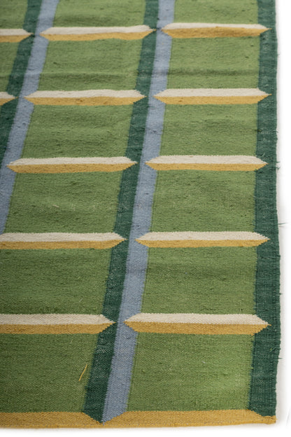 Green Panel Geometric  Wool Area Rug