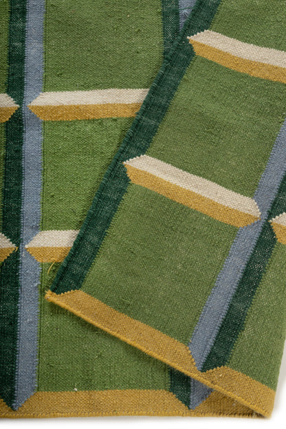 Green Panel Geometric  Wool Area Rug
