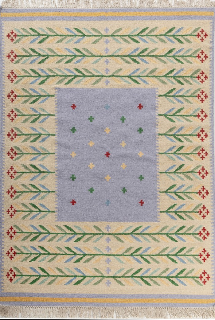 Cream White Floral Pattern Wool Flatweave Handmade Area Rug for Living, Bedroom and Dining Room