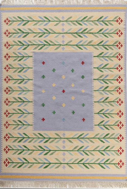 Cream White Floral Pattern Wool Flatweave Handmade Area Rug for Living, Bedroom and Dining Room